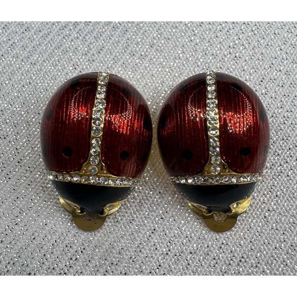 Metropolitan Museum of Art Jewelry - MMA 925 Sterling Ladybug Clip Earrings Red Enamel Rhinestone Vermeil